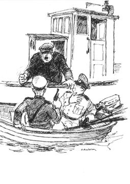 Olaf Andersen, strektegning 3, Hjalmar sier på sin beste tysk, ikke niks i helveta nokka tyskerta ombord i min båt
