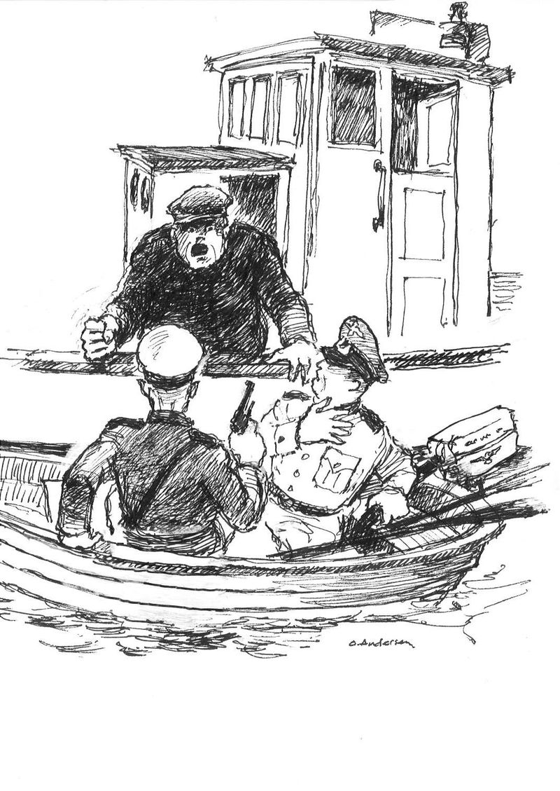 Olaf Andersen, strektegning 3, Hjalmar sier på sin beste tysk, ikke niks i helveta nokka tyskerta ombord i min båt