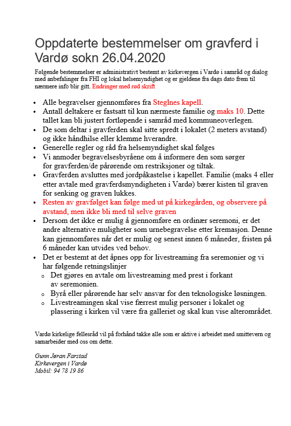 Oppdaterte bestemmelser om gravferd i Vardø sokn 26.04.2020