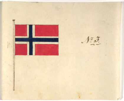 Forslag nr. 3.  Fra Stavanger ble det høsten 1820 startet en aksjon for et nytt handelsflagg. Til Stortinget i 1821 kom det inn mer eller mindre fantasifulle forslag til nytt norsk flagg. Før behandlingen av flaggkomiteens innstilling ble det arrangert