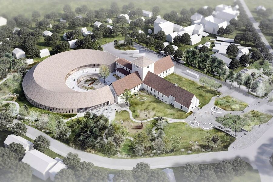 Det buede nybygget vil koble seg på dagens korsformede vikingskipmuseum.
