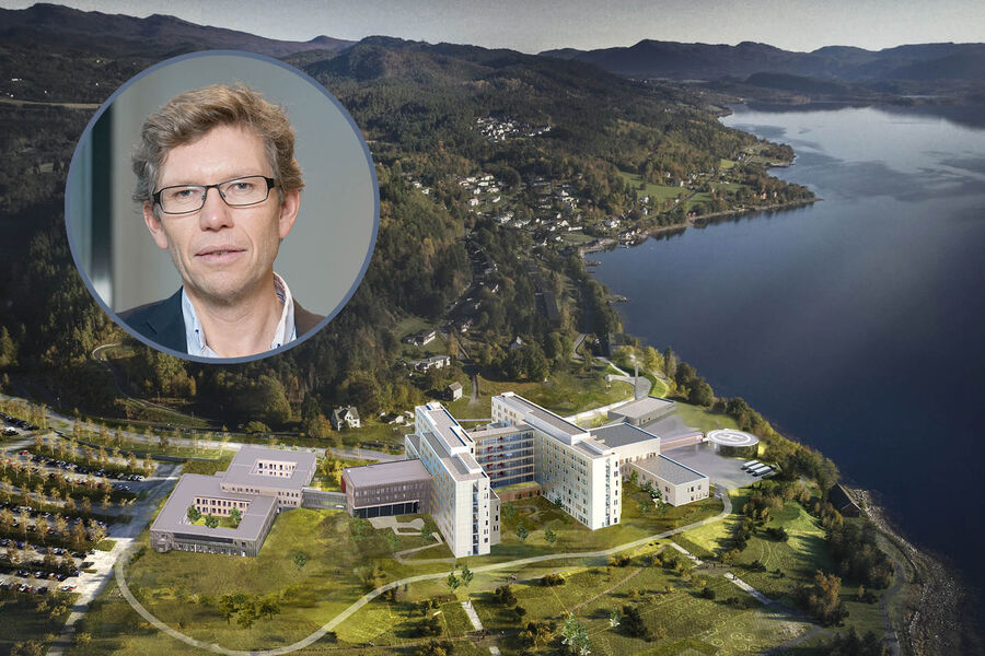 Sjukehuset Nordmøre og Romsdal (SNR),  oversiktsbilde akuttsjukehuset. Foto: 
Helse Midt-Norge. Innfelt: Tore Bakke, administrerende direktør, Bravida Norge AS