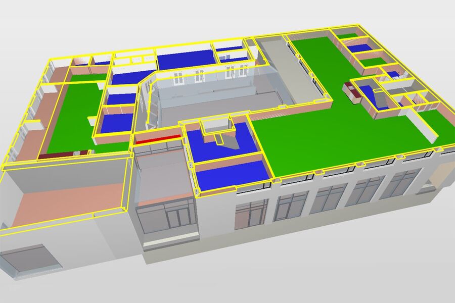 Et utsnitt av en BIM-modell som viser ulike soner som inneholder informasjon om tekniske funksjoner. Dette vil erstatte verktøy som MS Office som benyttes i dagens bransje.