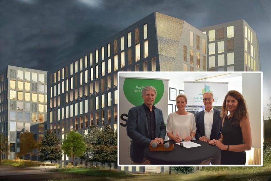 J.B. Ugland Eiendom signerte strakstiltakene etter debatt om bokvalitet i Arendal, der b.a miljøministeren deltok. F.v. Ola Elvestuen, Jill Akselsen (J.B. Ugland Eiendom) Thor Olaf Askjer (Norsk Eiendom) og Katharina Bramslev (Grønn Byggallianse). Bakgrunnsbilde: J.B. Ugland Eiendoms bygg i Fyrstikkalleen 1 og 3 i Oslo.