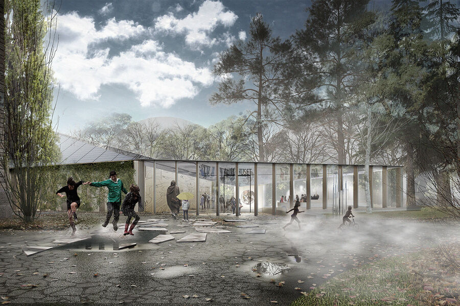 Uteområdene rundt Klimahuset vil formidle vær- og klimafenomener gjennom lek og aktiviteter. Illustrasjon: Lund Hagem og Atelier Oslo. 