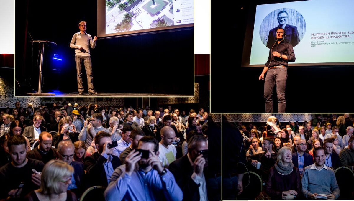 Storinntrykk til frokodst hos Cowi i Bergen. Innfelt øverst til høyre: Tre steg mot Bergen plussby Håkon Iversen, markedssjef og faglig leder Byutvikling Sør - og Vestlandet. Øverst til venstre: Virtual reality som virkemiddel i smarte medvirkningsprosesser David Fürstenberg, landskapsarkitekt/ BIM manager. Alle foto: Cowi 2017-10-23-cowi-bergen-frokost