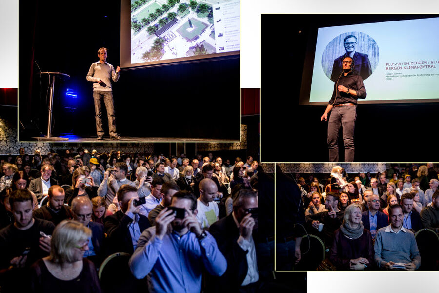 Storinntrykk til frokodst hos Cowi i Bergen. Innfelt øverst til høyre: Tre steg mot Bergen plussby Håkon Iversen, markedssjef og faglig leder Byutvikling Sør - og Vestlandet. Øverst til venstre: Virtual reality som virkemiddel i smarte medvirkningsprosesser David Fürstenberg, landskapsarkitekt/ BIM manager. Alle foto: Cowi