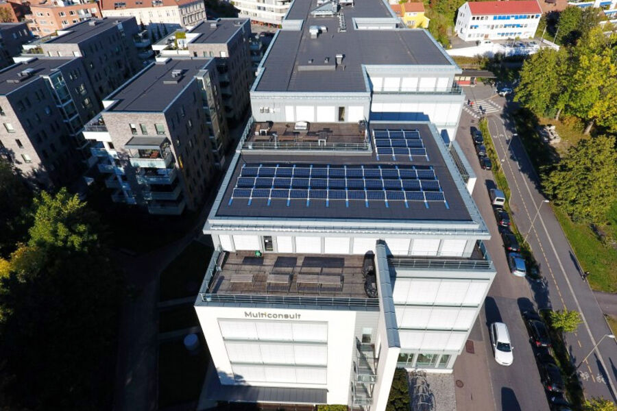 Solcellepaneler på hovedkontoret til Multiconsult ASA. Foto: Multiconsult. 