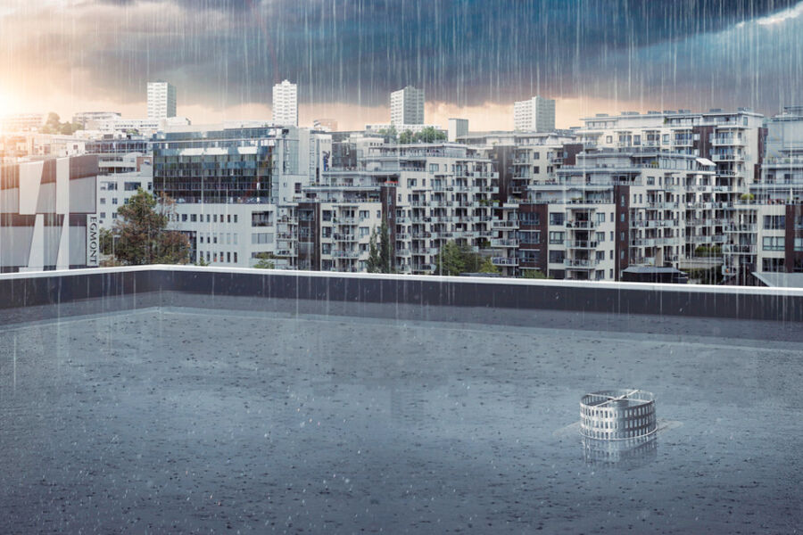 Protan vil samle opp regn i bassenger på taket for så å sakte drenere det ut i avløpssystemet. Da vil overbelastningen på avløpsnettet bli betydelig mindre. Foto: Protan