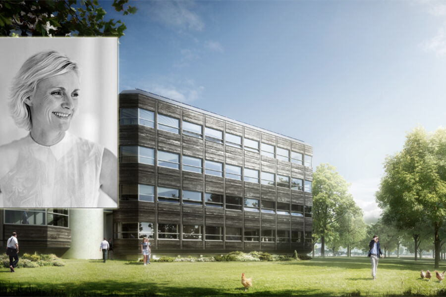 Powerhus i Sandvika og arkitekt Tine Hegli hos Snøhetta innfelt. Foto: Powerhouse og Snøhetta.