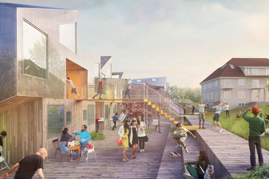 Haugen/Zohar arkitekter, Steinsvik Arkitektkontor og Dronninga Landskap vant konkurransen om klimavennlige førstehjemsboliger på Furuset. Illustrasjon: Steinsvik Arkitektkontor.