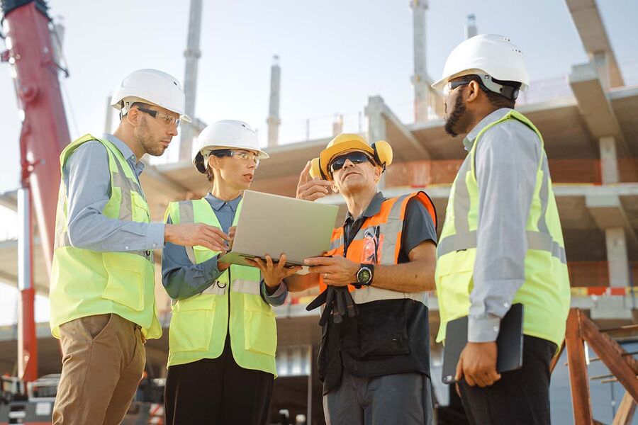 Diverse Team of Specialists Use Laptop Computer on Construction Site. Real Estate Building Project with Machinery: Civil Engineer, Investor, Businesswoman and Builder Discussing Blueprint Plan