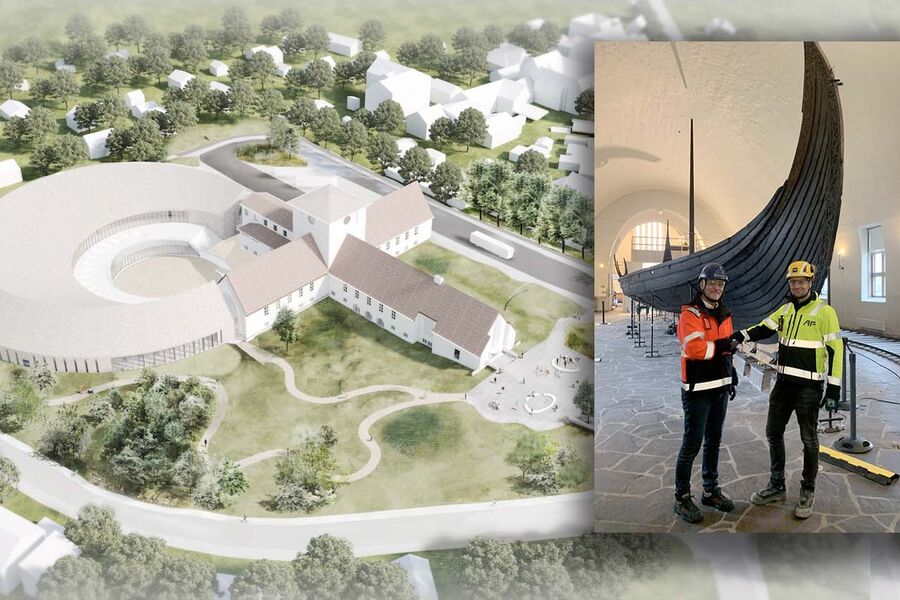 Det nye Vikingtidsmuseet på Bygdøy i Oslo. Innfelt: Marius Tunstad (tv) og Birger Kristiansen. Foto: Statsbygg/AART Architects 