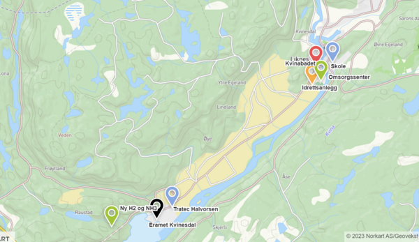 Oversikt over aktuelle lokasjoner - forprosjekt spill-varme fra Eramet2023-02-07
