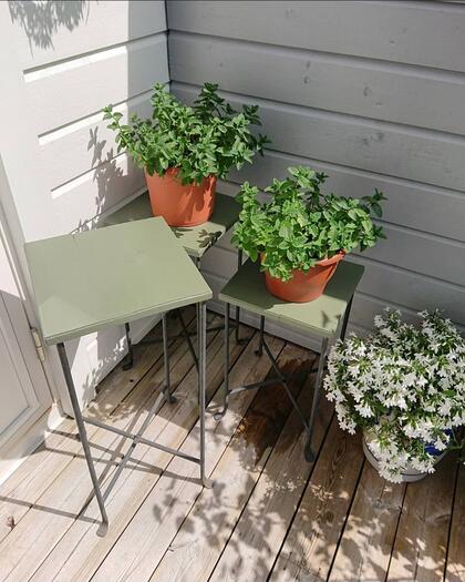 Bilde av to nymalte småbord med blomster og planter