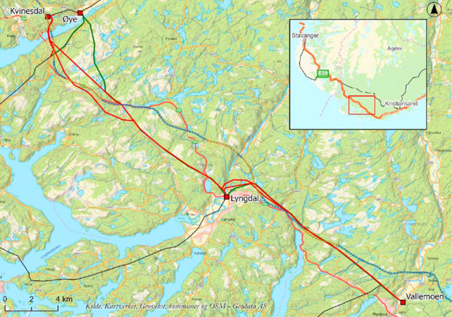 Konsesjonssøkt ny 110 (132) kV ledning vist med rød strek. Grønn strek er dagens 110 kV-ledning Vallemoen – Øye som er omsøkt revet. Planlagt E39 er også vist i kartet (blå/hvit strek dagtrase og brun/hvit strek tunnel).