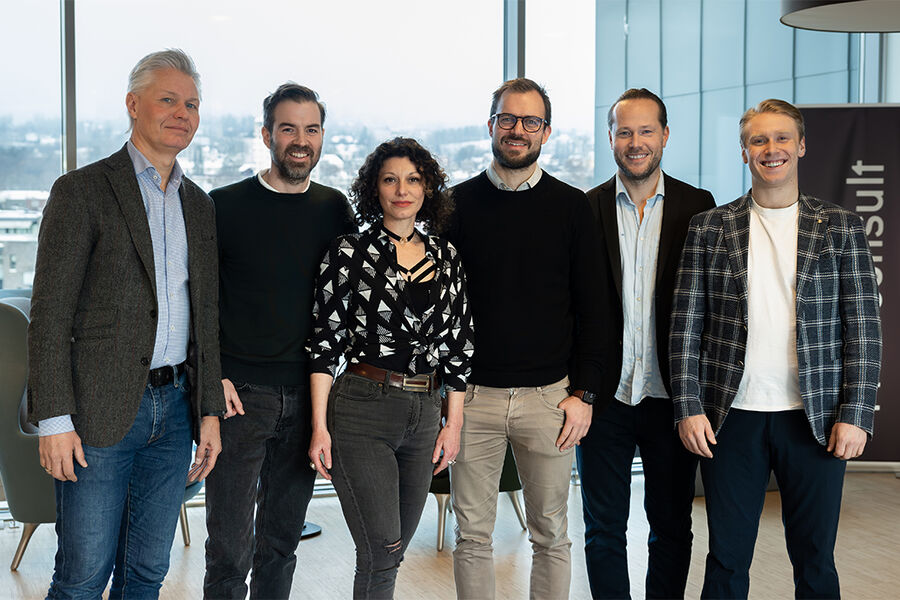 Digitalt samarbeid: Geir Juterud (Multiconsult), Stian Østvoll Ingvaldsen (Multiconsult), Angie Mendez (A-lab), Gøran Hansen (Multiconsult), Håvard Vasshaug (Anker) og Adrian Sørbyskogen (Anker). Foto: Jimmy Moen/Flammekaster AS.