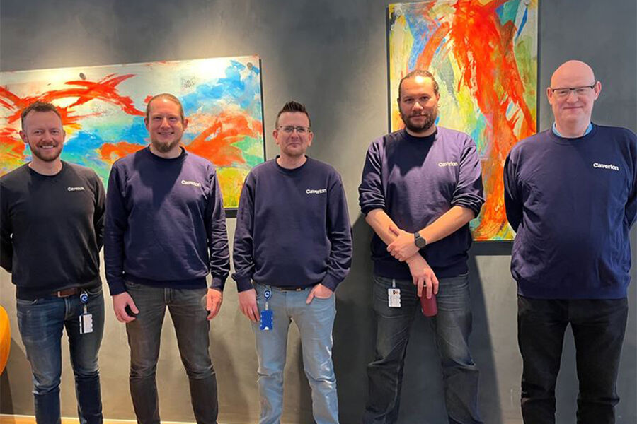 F.v. Servicesjef Håvard Ringstad med sine nye kollegaer i Caverion Levanger; Martin Schrøder, Bendik Henriksen, Tommy Kulsli og Steinar Molden.