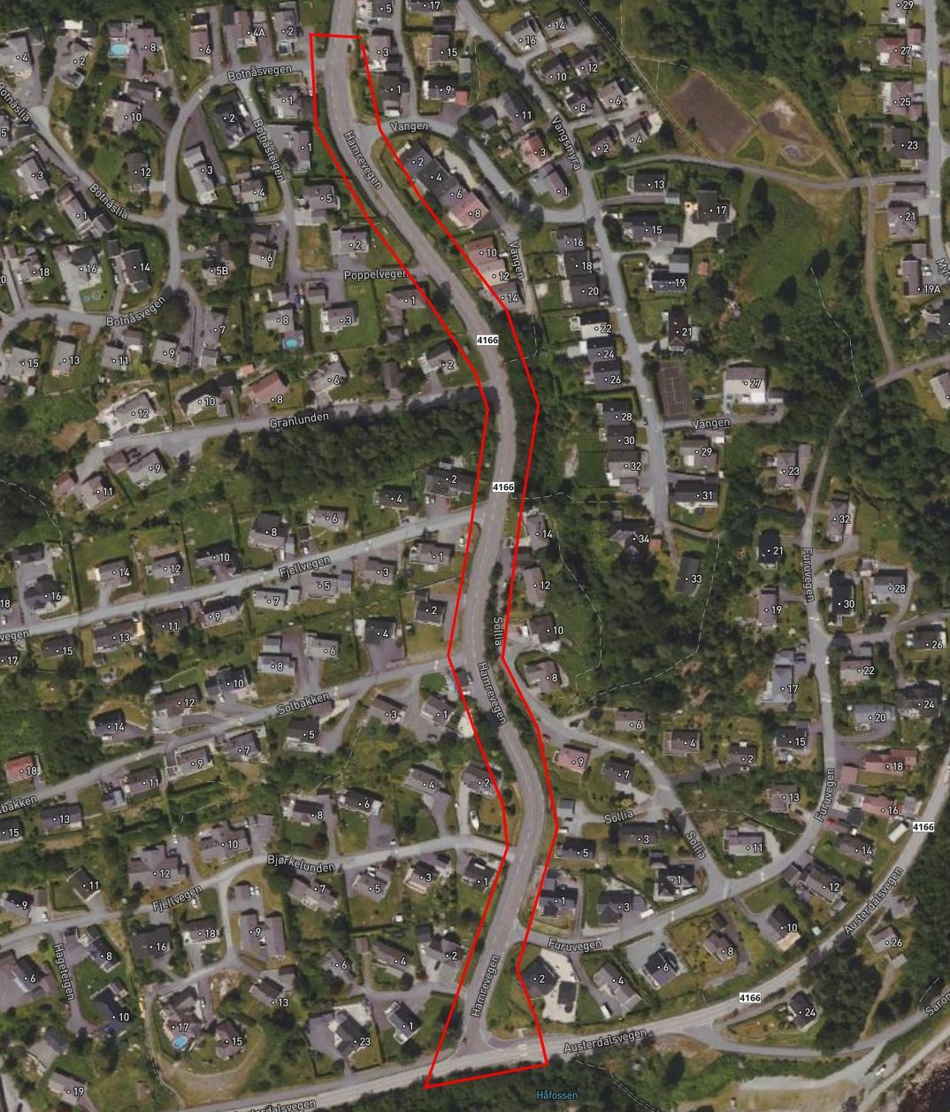 Oversiktskart som viser rød innramming av Hamrevegen der arbeidene vil skje.