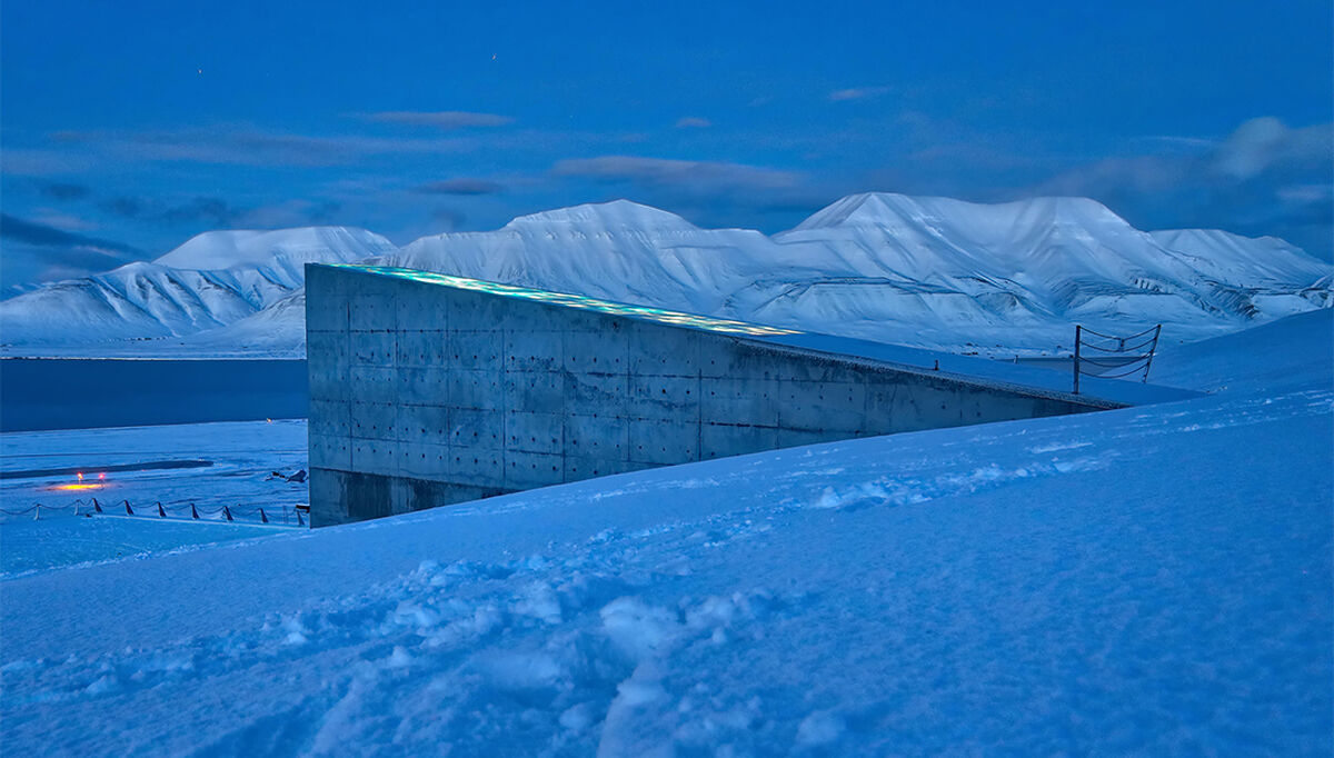 Svalbard globale frøhvelv er sprengt inn i fjellgrunnen til Platåfjellet, omtrent en mil fra Longyearbyen lufthavn. Det totale arealet er på 1000 kvadratmeter, men bare inngangslobbyen i betong er synlig utenfor. Foto av Øyvind Breyholtz / Alamy.
