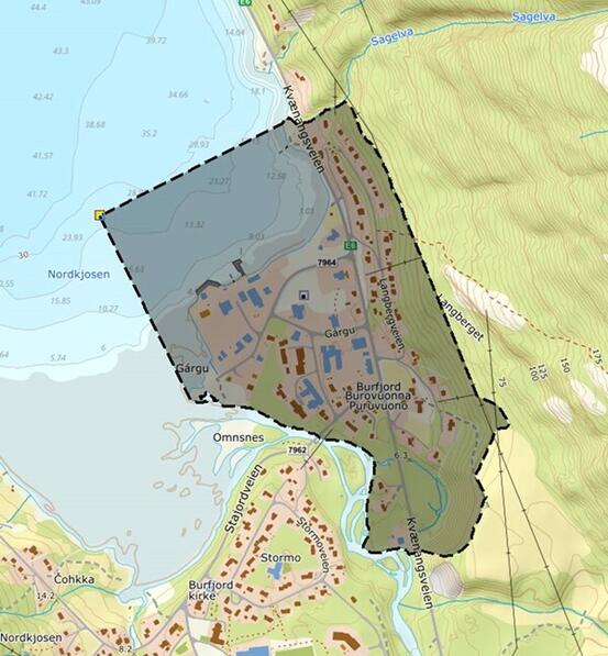 Varslet planområde for detaljregulering Sentrumsplan Burfjord