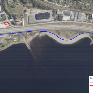 Flyfoto som viser hvor turstien langs Mjøsa er stengt