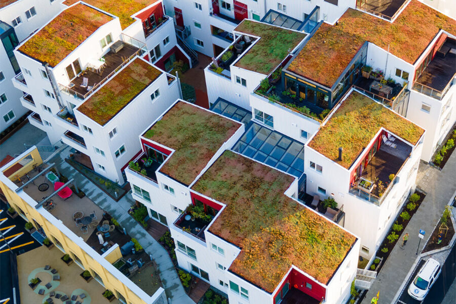 Tak dekker opp mot 40 prosent av arealet i byer, og løsninger plassert på tak kan være et viktig bidrag til å håndtere store nedbørsmengder. Foto: Bergknapp AS.