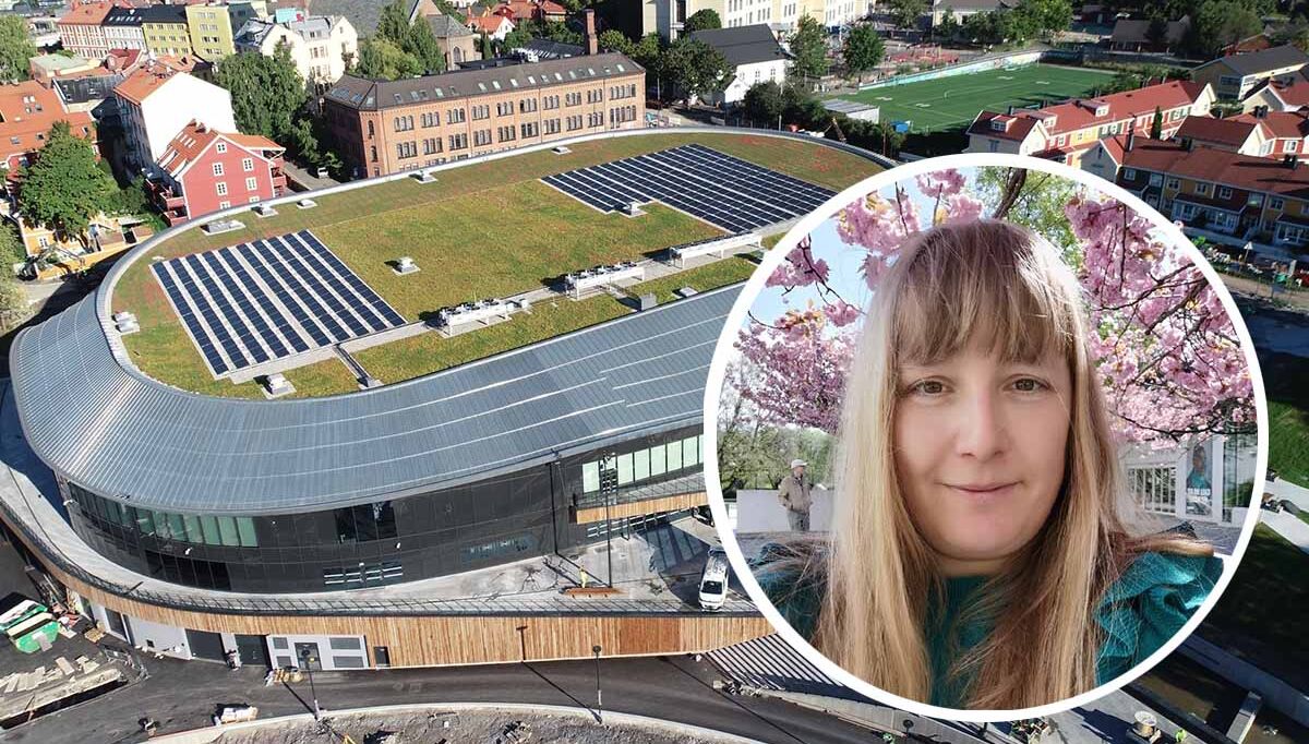 Jordal Amfi i Oslo med sitt store grønne tak. Innfelt: Prosjektleder Ingrid Marie Finstad i Oslo kommune