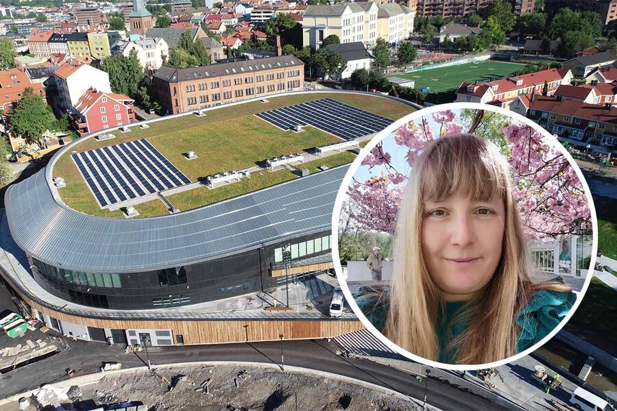 Jordal Amfi i Oslo med sitt store grønne tak. Innfelt: Prosjektleder Ingrid Marie Finstad i Oslo kommune