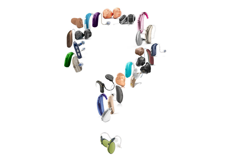 Massevis av fargerike høreapparater formet som et spørsmålstegn