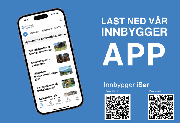 Last ned vår innbyggerapp Innbygger iSør, bilde inneholder QR kode for nedlasting og viser bilde av tlf med appen.