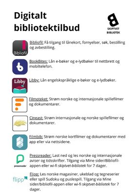 Flyer med liste over bibliotekets digitale tilbud