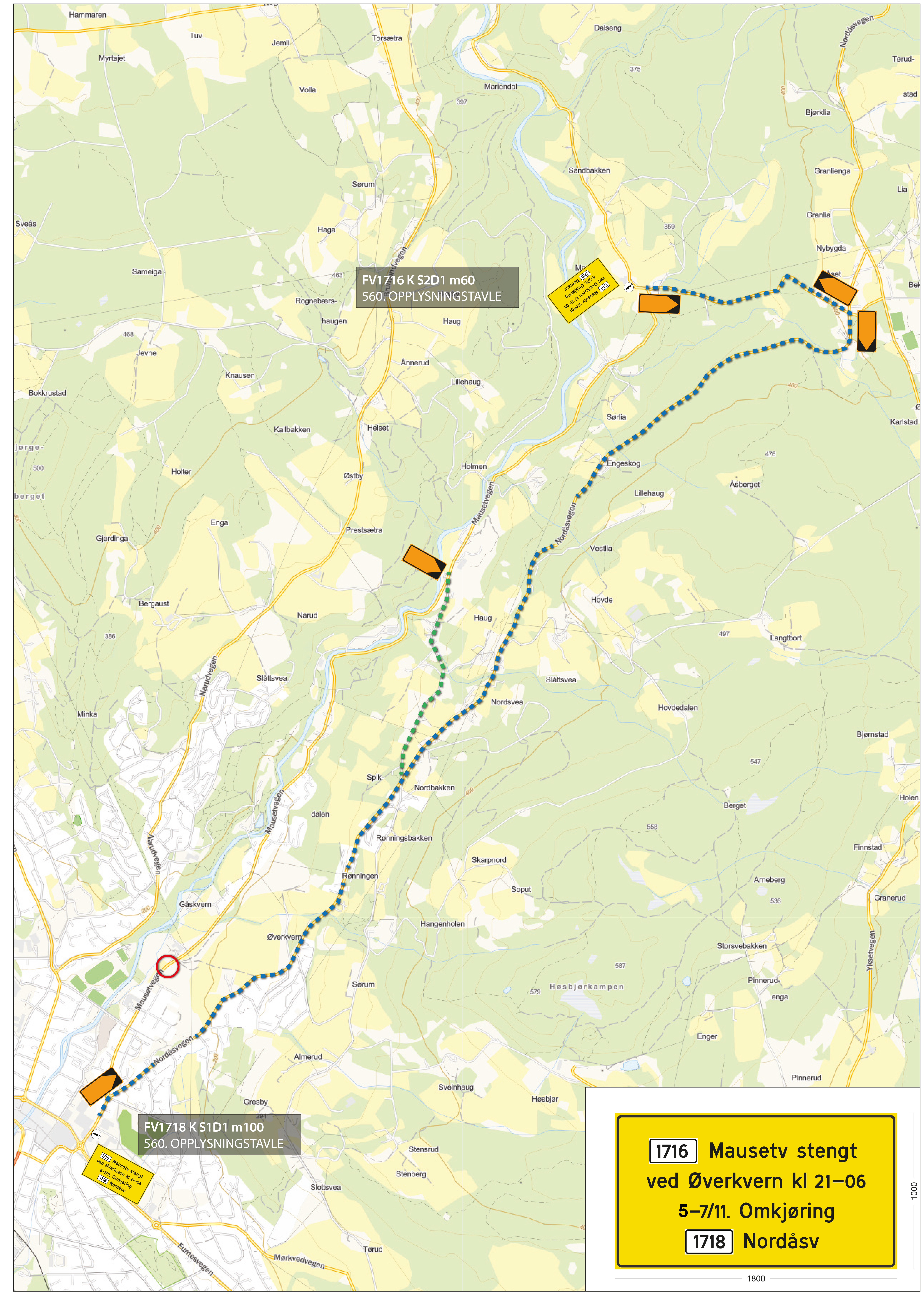 Kartutsnitt som viser stenging av veg