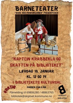 Plakat for forestilling Skiptvet bibliotek 18.1.25