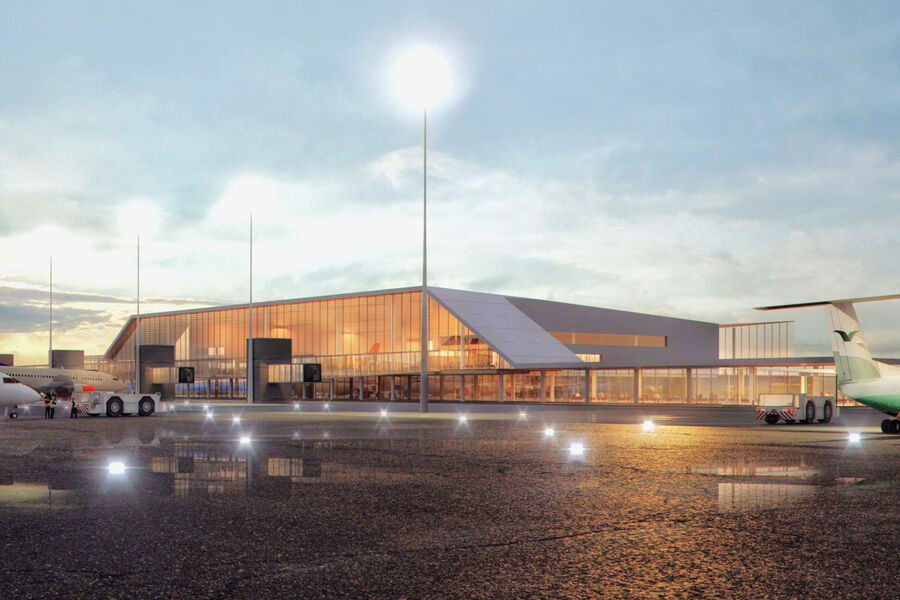 Skisseprosjekt for ny lufthavn Bodø som viser terminalbygget fra sørøst. Foto: Avinor.