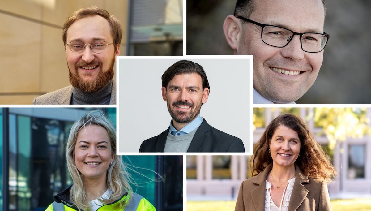 David Halvorsen fra Helse Sør-Øst RHF, Martin Hove fra Bane NOR, Lisa Bernhardsen fra AF Gruppen, Katharina Thøgersen Bramslev fra LINK Arkitektur og Anders Fylling fra Statsbygg ble på årsmøtet til Grønn Byggallianse valgt inn som nye styremedlemmer. Foto: Grønn Byggallianse.