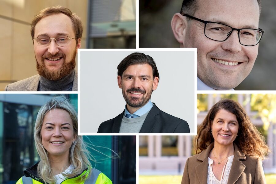 David Halvorsen fra Helse Sør-Øst RHF, Martin Hove fra Bane NOR, Lisa Bernhardsen fra AF Gruppen, Katharina Thøgersen Bramslev fra LINK Arkitektur og Anders Fylling fra Statsbygg ble på årsmøtet til Grønn Byggallianse valgt inn som nye styremedlemmer. Foto: Grønn Byggallianse. David Halvorsen fra Helse Sør-Øst RHF, Martin Hove fra Bane NOR, Lisa Bernhardsen fra AF Gruppen, Katharina Thøgersen Bramslev fra LINK Arkitektur og Anders Fylling fra Statsbygg ble på årsmøtet til Grønn Byggallianse valgt inn som nye styremedlemmer. Foto: Grønn Byggallianse.