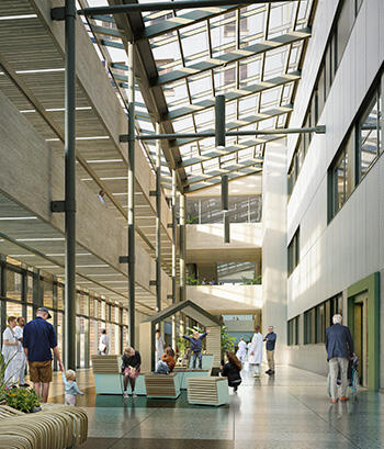 Illustrasjoner fra Nytt sykehus i Drammen prosjektet av LINK Arkitektur AS isamarbeid med Ratio Arkitekter og Bølgeblikk Arkitekter.