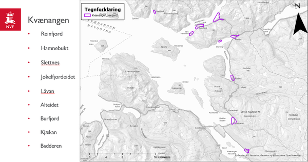Områder som skredfarekartlegges juni 2025 i Kvænangen