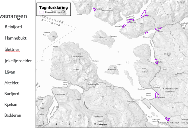 Områder som skredfarekartlegges juni 2025 i Kvænangen