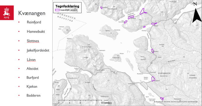 Områder som skredfarekartlegges juni 2025 i Kvænangen