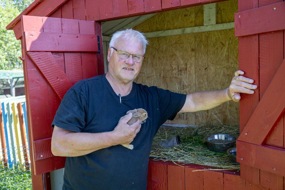 Mann sammen med kaniner