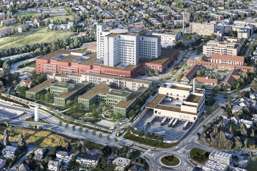 Her ser vi en illustrasjon av Nye Aker sykehus. – Valg av entreprisestrategi er alltid utfordrende i store prosjekter og bransjen kan ha ulike meninger om dette, særlig innen lås og beslag. Det er mange avhengigheter, forutsetninger og hensyn, og det finnes ikke én modell eller fasit på hvordan det skal gjøres, sier Håvard Kristiansen, Områdeleder IKT i Sykehusbygg HF.