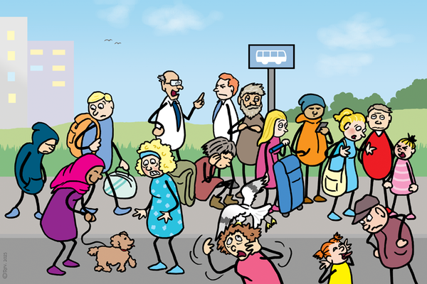 Tegning av folk på en busstopp som viser tydelig kropsspråk
