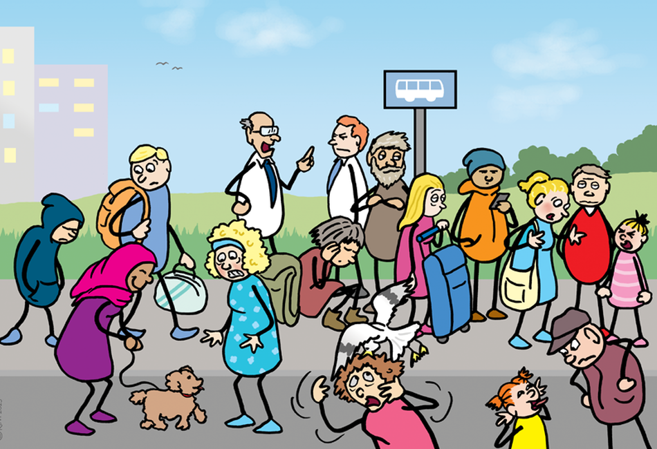 Tegning av folk på en busstopp som viser tydelig kropsspråk