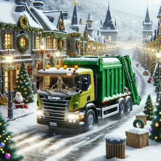 AI-generert bilde av søppelbil i snøvær