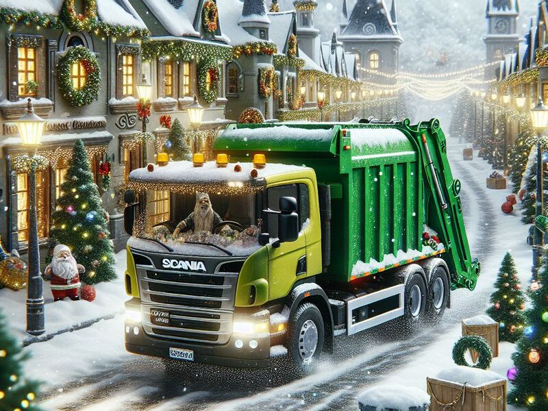 AI-generert bilde av søppelbil i snøvær