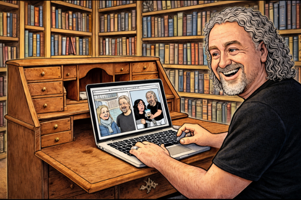 HUMOR. Terje Lyngstad bruker kunstig intelligens når han lager hørselshistorier i tegneserieformat. Illustrasjon: Terje Lyngstad/KI KI-tegning av Terje Lyngstad som lager illustrasjoner